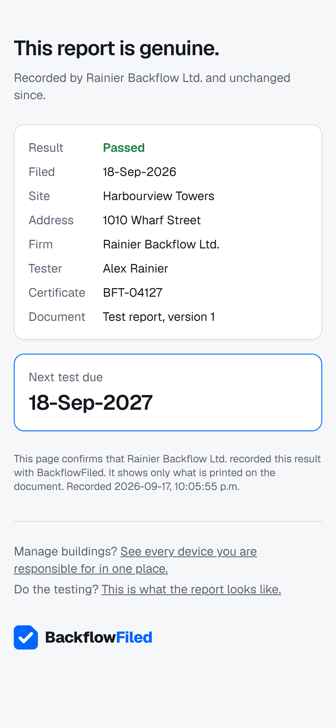 The public verification page as a building owner sees it, signed out: the report confirmed genuine, the firm, the certified tester and certificate number, and the next test due date.